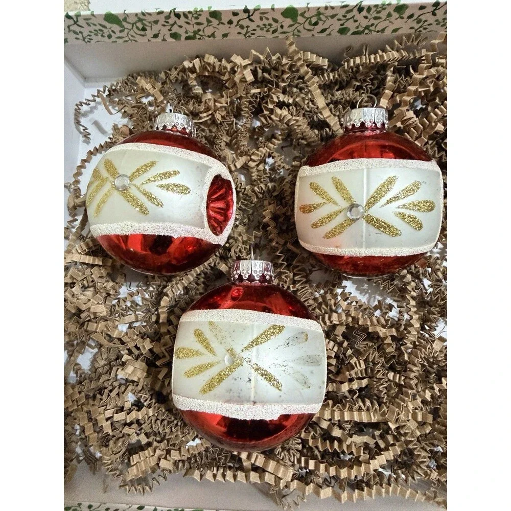 Vtg G&D Reflector Blown Glass Christmas Ornaments 3” Red White & Gold Set Of 3
